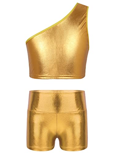 Nyeemya 2-teiliges Set Mädchen Hip Hop Tanz Outfit Pailletten Gymnastik Sport Kleidung Set Crop Top Metallic Shorts Tanzbekleidung Gold 134-140 von Nyeemya