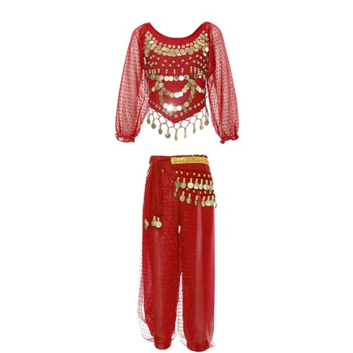 Nyeemya 3 stück Kinder Mädchen Bauchtanz Kostüme Indien Tanzkleidung Set Pailletten Top Hose Cosplay Party Verkleidung Rot 134-152 von Nyeemya