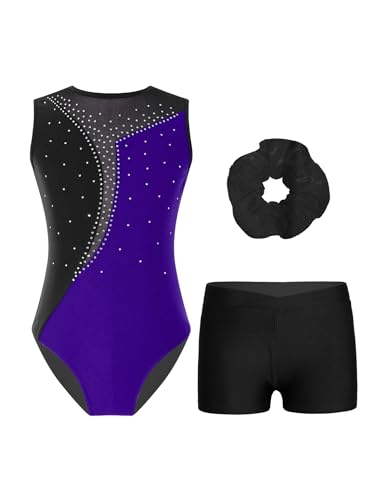 Nyeemya 3tlg Kinder Glitzer Turnanzug Mädchen Ärmellos Ballettanzug Mit Shorts Kurze Hose Und Stirnband Tanzbekleidung Violett 146-152 von Nyeemya