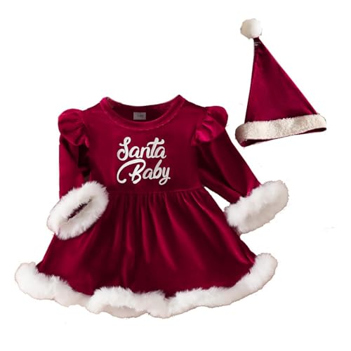 Nyeemya Baby Weihnachtsoutfit Mädchen Kleid Weihnachtskleid Rüschen Samtkleid Strampler Kleid mit Weihnachtsmütze Rot 62-68 von Nyeemya