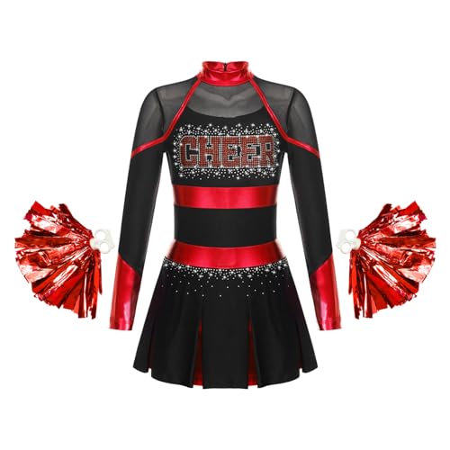 Nyeemya Cheer Leader Kostüm Mädchen Kleid Mit Pompoms Cheerleading Langarm Tanzkleid Karneval Fasching Sportkleid Schwarz Rot 158-164 von Nyeemya