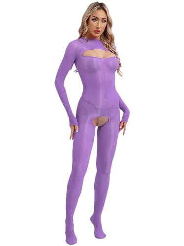 Nyeemya Damen Einteiler Ganzkörperanzug Langarm Body Öl Overall Transparent Jumpsuit Ouvert-Body Party Clubwear Lavendel Einheitsgröße von Nyeemya