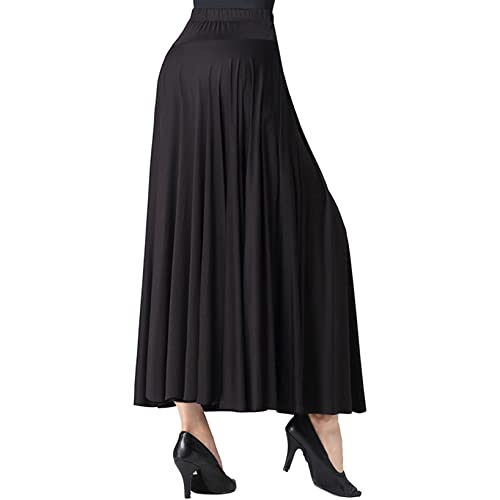 Nyeemya Damen Flamenco Rock Maxi Lang Tanzrock Elastische Taille Tellerrock Basic Einfarbig Unterrock mit Falten Schwarz L von Nyeemya