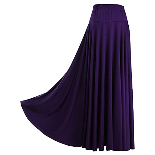 Nyeemya Damen Flamenco Rock Maxi Lang Tanzrock Elastische Taille Tellerrock Basic Einfarbig Unterrock mit Falten Violett L von Nyeemya