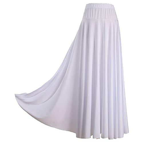 Nyeemya Damen Flamenco Rock Maxi Lang Tanzrock Elastische Taille Tellerrock Basic Einfarbig Unterrock mit Falten Weiß L von Nyeemya