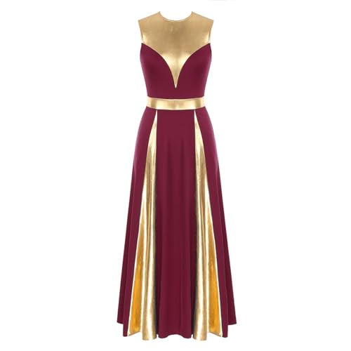 Nyeemya Damen Metallic Tanzkleider Eiskunstlauf-Kleid Ärmellos Trikot Lob Lyrisch Maxikleid Gymnastikanzug Tanzkostüm Burgundy S von Nyeemya