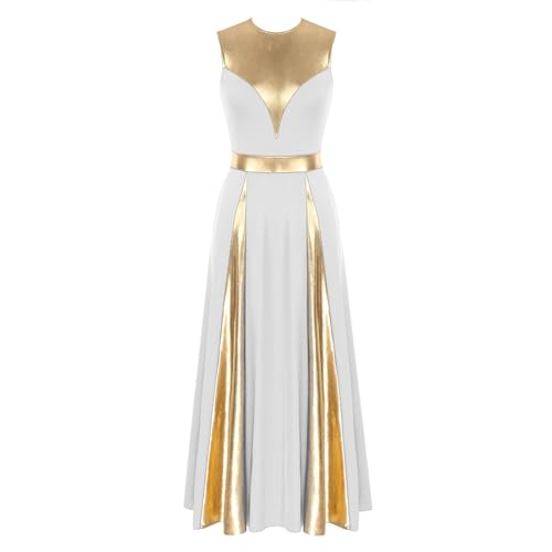 Nyeemya Damen Metallic Tanzkleider Eiskunstlauf-Kleid Ärmellos Trikot Lob Lyrisch Maxikleid Gymnastikanzug Tanzkostüm Weiß L von Nyeemya