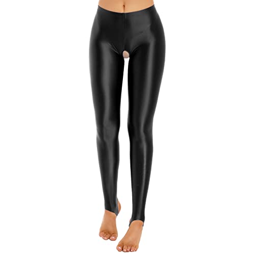 Nyeemya Damen Ouvert Hose Glänzend Strumpfhosen Offen im Schritt High Waist Stretch Leggings mit Steigbügel Erotische Strümpfe Party Clubwear Schwarz L von Nyeemya