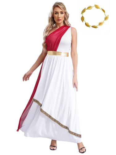 Nyeemya Damen Römische Göttin Antike Karneval Kostüm Griechisches Toga Kostüm Chiffon Vintage Tunika Kleid mit Kopfbedeckung Antike Römische Kriegerin Outfit Burgundy 3XL von Nyeemya