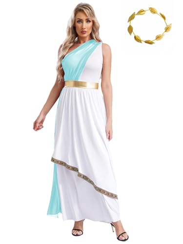 Nyeemya Damen Römische Göttin Antike Karneval Kostüm Griechisches Toga Kostüm Chiffon Vintage Tunika Kleid mit Kopfbedeckung Antike Römische Kriegerin Outfit Hellblau S von Nyeemya