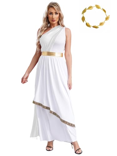 Nyeemya Damen Römische Göttin Antike Karneval Kostüm Griechisches Toga Kostüm Chiffon Vintage Tunika Kleid mit Kopfbedeckung Antike Römische Kriegerin Outfit Weiß S von Nyeemya