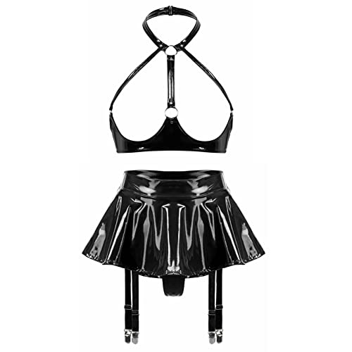 Nyeemya Damen Sexy Ouvert BH Aushöhl Top Oberteil und Mini Skater Rock mit Strumpfbänder Lack Leder Optik Zweiteiler Outfits A Schwarz M von Nyeemya