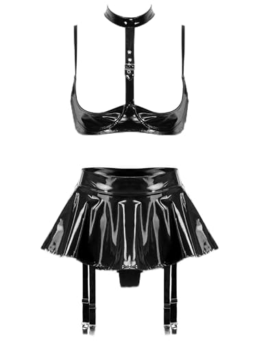 Nyeemya Damen Sexy Ouvert BH Aushöhl Top Oberteil und Mini Skater Rock mit Strumpfbänder Lack Leder Optik Zweiteiler Outfits D Schwarz 4XL von Nyeemya