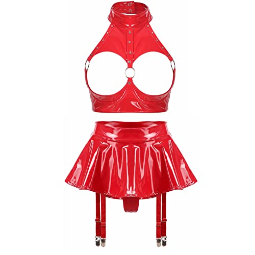 Nyeemya Damen Sexy Ouvert BH Aushöhl Top Oberteil und Mini Skater Rock mit Strumpfbänder Lack Leder Optik Zweiteiler Outfits E Rot M von Nyeemya