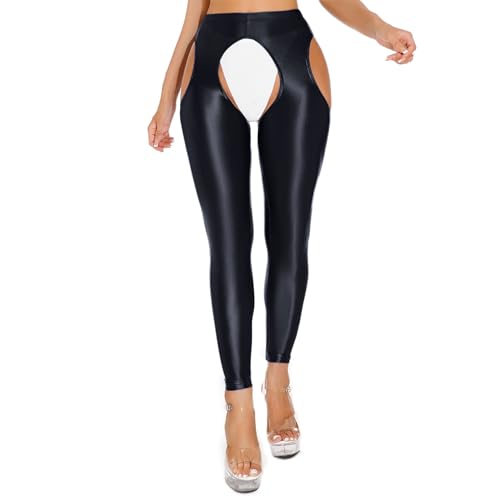 Nyeemya Damen Strumpfhosen Glänzend Ouvert Leggings Strümpfe Glanz Tights Stretch Fitness Yoga Pants Clubwear Schwarz XL von Nyeemya