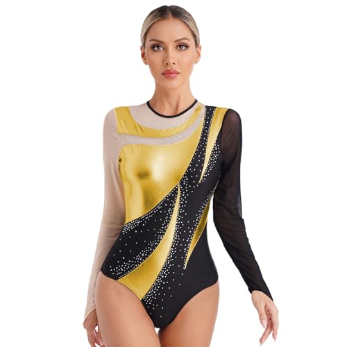 Nyeemya Damen Turnanzug Langarm Gymnastikanzug Einteiler Bodysuit mit Strass Ballett Trikot Tanz-Body Tanzkleidung Gold S von Nyeemya