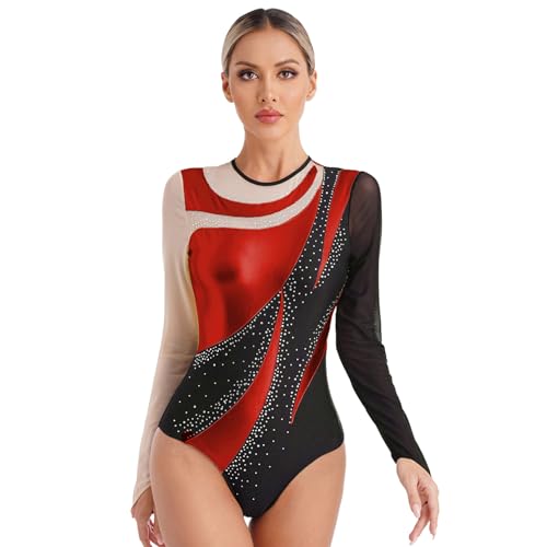 Nyeemya Damen Turnanzug Langarm Gymnastikanzug Einteiler Bodysuit mit Strass Ballett Trikot Tanz-Body Tanzkleidung Rot M von Nyeemya