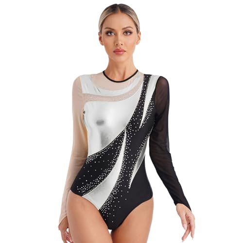 Nyeemya Damen Turnanzug Langarm Gymnastikanzug Einteiler Bodysuit mit Strass Ballett Trikot Tanz-Body Tanzkleidung Silber M von Nyeemya
