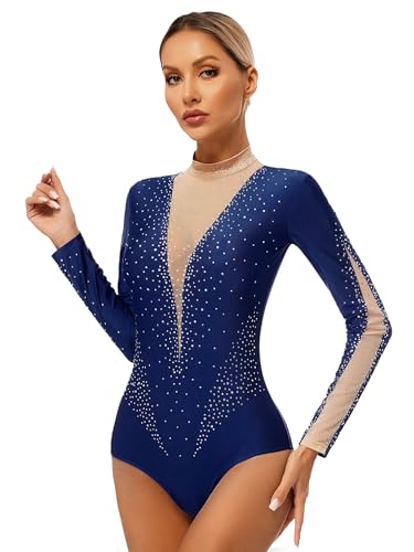 Nyeemya Damen Turnanzug Langarm Gymnastikanzug mit Strass Eiskunstlaufanzug Patchwork Leotards Wettkampf Tanzkleidung Navy blau M von Nyeemya