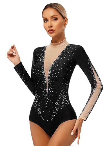 Nyeemya Damen Turnanzug Langarm Gymnastikanzug mit Strass Eiskunstlaufanzug Patchwork Leotards Wettkampf Tanzkleidung Schwarz XXL von Nyeemya