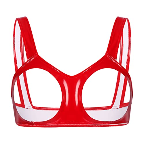 Nyeemya Damen Wetlook Hebe BH Busenfrei Ouvert Leder Bra Sexy Bralette Ohne Bügel Nippelfrei Lingerie Dessous Erotik Reizwäsche Sexy Kostüm Rot XXL von Nyeemya