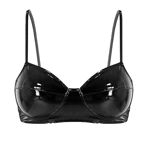Nyeemya Damen Wetlook Lack Leder BH Push Up Bikini Bra mit Spaghettiträgern Erotische Dessous Reizwäsche Gogo Tanz Oberteil Clubwear Schwarz XL von Nyeemya
