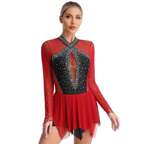 Nyeemya Eiskunstlauf Kleid Damen Glitzer Strass Ballettanzug Langarm Patchwork Ballettk Trikot Wettbewerb Kostüm Burgundy XXL von Nyeemya
