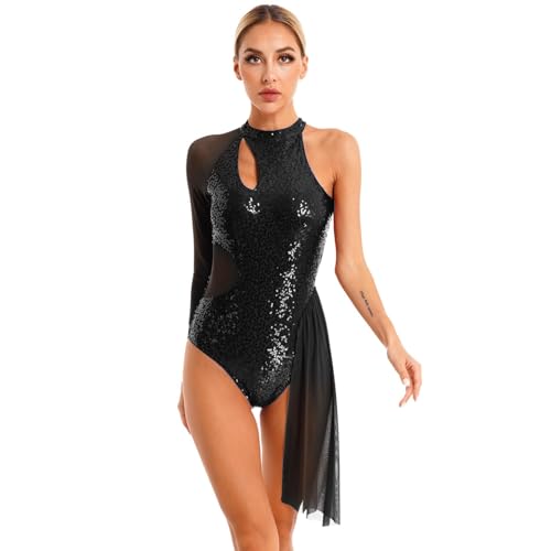Nyeemya Glitzer Pailletten Ballettkleid Damen Ärmellos Latein Tanzkleid Rückenfrei Tanzbody mit Fransen Rock Eiskunstlauf Bekleidung Dancewear Schwarz L von Nyeemya