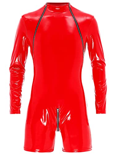 Nyeemya Herren Bodysuit Lackleder Jumpsuit mit Reißverschluss im Schritt Body Männer Overall Unterwäsche Dessous Clubwear Rot L von Nyeemya