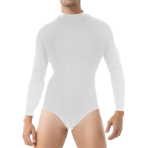 Nyeemya Herren Langarm Body Stehkragen Bodysuit Unterhemd und Ouvert Slip Einteiler Gymnastik Turn Leotard Dancewear Weiß XL von Nyeemya
