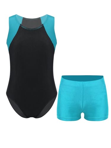 Nyeemya Jungen Turnanzug Ballettanzug Turntrikot Ballett Tanzbody Ärmellose Gymnastikbody + Shorts Wettkampf Tanzbekleidung Blau Grün 134-140 von Nyeemya