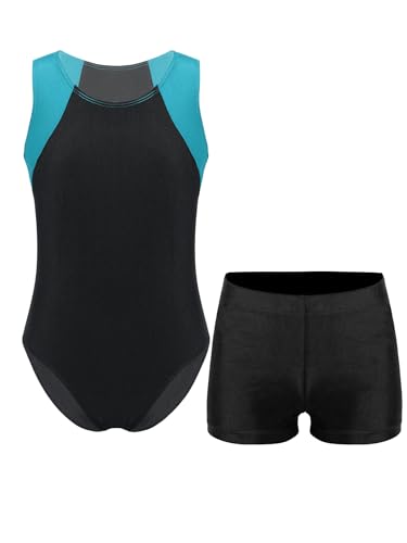 Nyeemya Jungen Turnanzug Ballettanzug Turntrikot Ballett Tanzbody Ärmellose Gymnastikbody + Shorts Wettkampf Tanzbekleidung Blau Grün & Schwarz 110-116 von Nyeemya