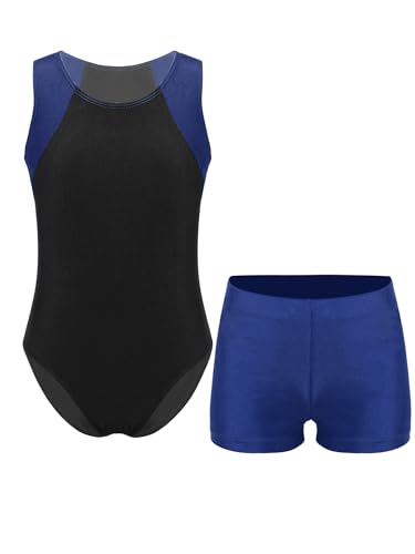 Nyeemya Jungen Turnanzug Ballettanzug Turntrikot Ballett Tanzbody Ärmellose Gymnastikbody + Shorts Wettkampf Tanzbekleidung Navy blau 134-140 von Nyeemya