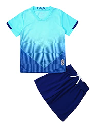 Nyeemya Kinder Jungen Trainingsanzug Sommer Sportanzug Kurzarm Rundhals Shirt Mit Shorts Kurze Sporthose Atmungsaktiv Schnelltrocknend Sportbekleidung Set Himmelblau B 110-116 von Nyeemya