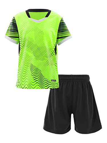 Nyeemya Kinder Jungen Trainingsanzug Sommer Sportanzug Kurzarm Shirt Mit Shorts Kurze Sporthose Atmungsaktiv Schnelltrocknend Sportbekleidung Set Leucht Grün 110-116 von Nyeemya