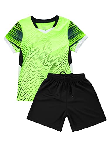 Nyeemya Kinder Jungen Trainingsanzug Sommer Sportanzug Kurzarm Rundhals Shirt Mit Shorts Kurze Sporthose Atmungsaktiv Schnelltrocknend Sportbekleidung Set Leucht Grün 122-128 von Nyeemya