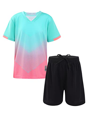 Nyeemya Kinder Jungen Trainingsanzug Sommer Sportanzug Kurzarm Shirt Mit Shorts Kurze Sporthose Atmungsaktiv Schnelltrocknend Sportbekleidung Set Mint Grün&Pink B 122-128 von Nyeemya