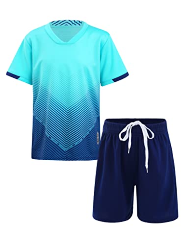 Nyeemya Kinder Jungen Trainingsanzug Sommer Sportanzug Kurzarm Shirt Mit Shorts Kurze Sporthose Atmungsaktiv Schnelltrocknend Sportbekleidung Set Himmelblau B 140-146 von Nyeemya