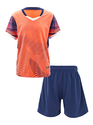 Nyeemya Kinder Jungen Trainingsanzug Sommer Sportanzug Kurzarm Shirt Mit Shorts Kurze Sporthose Atmungsaktiv Schnelltrocknend Sportbekleidung Set Orange 134-140 von Nyeemya
