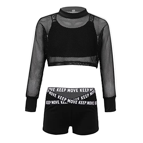 Nyeemya Kinder Mädchen Cool Hip Hop Tanz Outfits 3pcs Netzshirt Kurz Bauchfrei Netzhemd und Bustier BH mit Boyshorts Schwarz 134-140/9-10 Jahre von Nyeemya