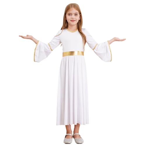 Nyeemya Kinder Mädchen Griechische Göttin Kleider Maxi Kleid Trompetenärmel Engel Kostüm Halloween Karneval Cosplay Outfit Weiß 146-152 von Nyeemya