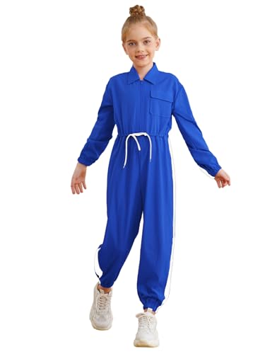 Nyeemya Kinder Mädchen Jumpsuit Langarm Overall Lang Hosenanzug Ganzkörperanzug Romper Reißverschluss Tunnelzug Strampler Blau 122-128 von Nyeemya