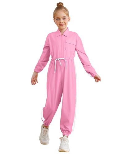 Nyeemya Kinder Mädchen Jumpsuit Langarm Overall Lang Hosenanzug Ganzkörperanzug Romper Reißverschluss Tunnelzug Strampler Rosa 122-128 von Nyeemya