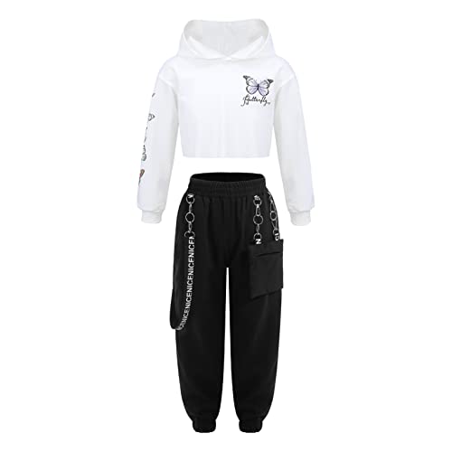 Nyeemya Kinder Mädchen Kleidung Set Schmetterling Sweatshirt Kapuzenpullover Hoodie Cargohose Loose Fit Lange Hosen Mit Taschen Frühling Herbst Outfit Weiß 122-128 von Nyeemya