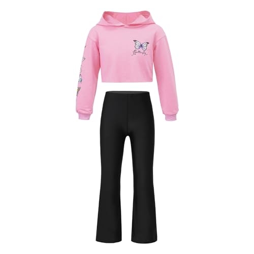 Nyeemya Kinder Mädchen Kleidung Set Schmetterling Sweatshirt Kapuzenpullover Hoodie High Waist Schlaghose Ausgestellten Hosen Frühling Herbst Outfit Rosa 134-140 von Nyeemya