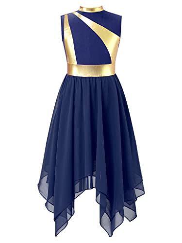 Nyeemya Kinder Mädchen Modern Tanzkleider Unregelmäßig Lang Lob Lyrisches Kleid Ärmellos Sommerkleid mit Metallic Streifen Dancewear Navy Blau 158-164/13-14 Jahre von Nyeemya