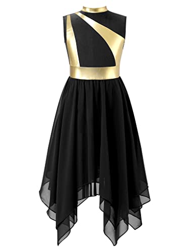 Nyeemya Kinder Mädchen Modern Tanzkleider Unregelmäßig Lang Lob Lyrisches Kleid Ärmellos Sommerkleid mit Metallic Streifen Dancewear Schwarz 170-176/15-16 Jahre von Nyeemya