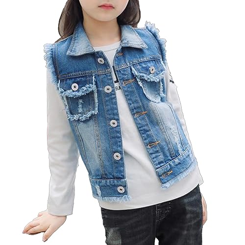 Nyeemya Mädchen Ärmellose Jeansjacke Denim Outfit Jacke Zerrissene Jeansweste Frühling Herbst Weste Mantel mit Knopf für Kinder Blau 134-140 von Nyeemya