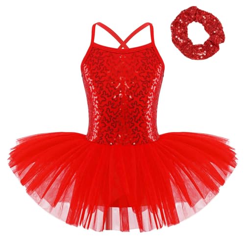Nyeemya Mädchen Ballettkleidung Ballettkleid Pailletten Tanzkleid Tutu Ballett Kinder Balletttrikot Ballerina Kleid mit Haargummi Rot 122-128 von Nyeemya
