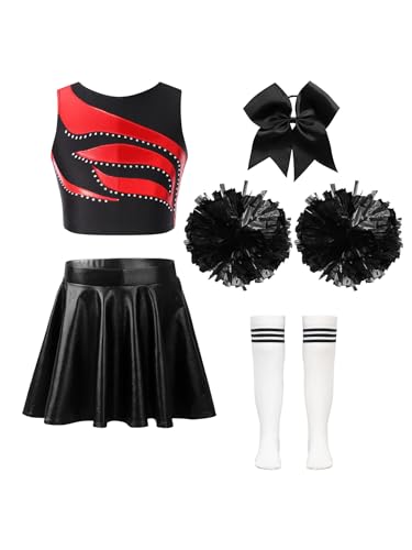 Nyeemya Mädchen Cheerleading Kostüm Cheer Leader Outfit Ärmellos Top und Rock mit Pompons Socken Haarzubehör Halloween Kostüm EIN Rot-Weiß 146-152 von Nyeemya